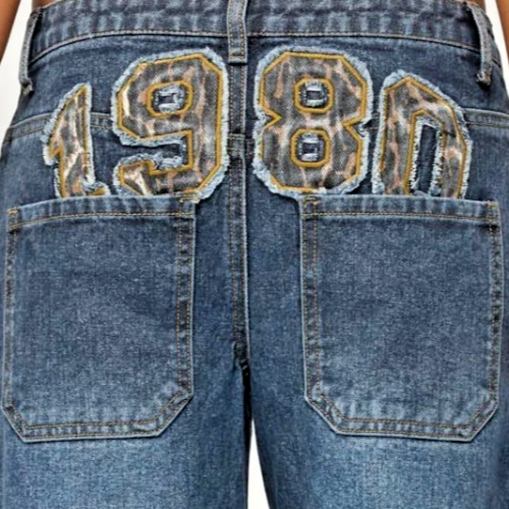Edikted 1980 Cheetah Print Applique Wide-Leg High-Rise Black Denim Jeans XL Y2K